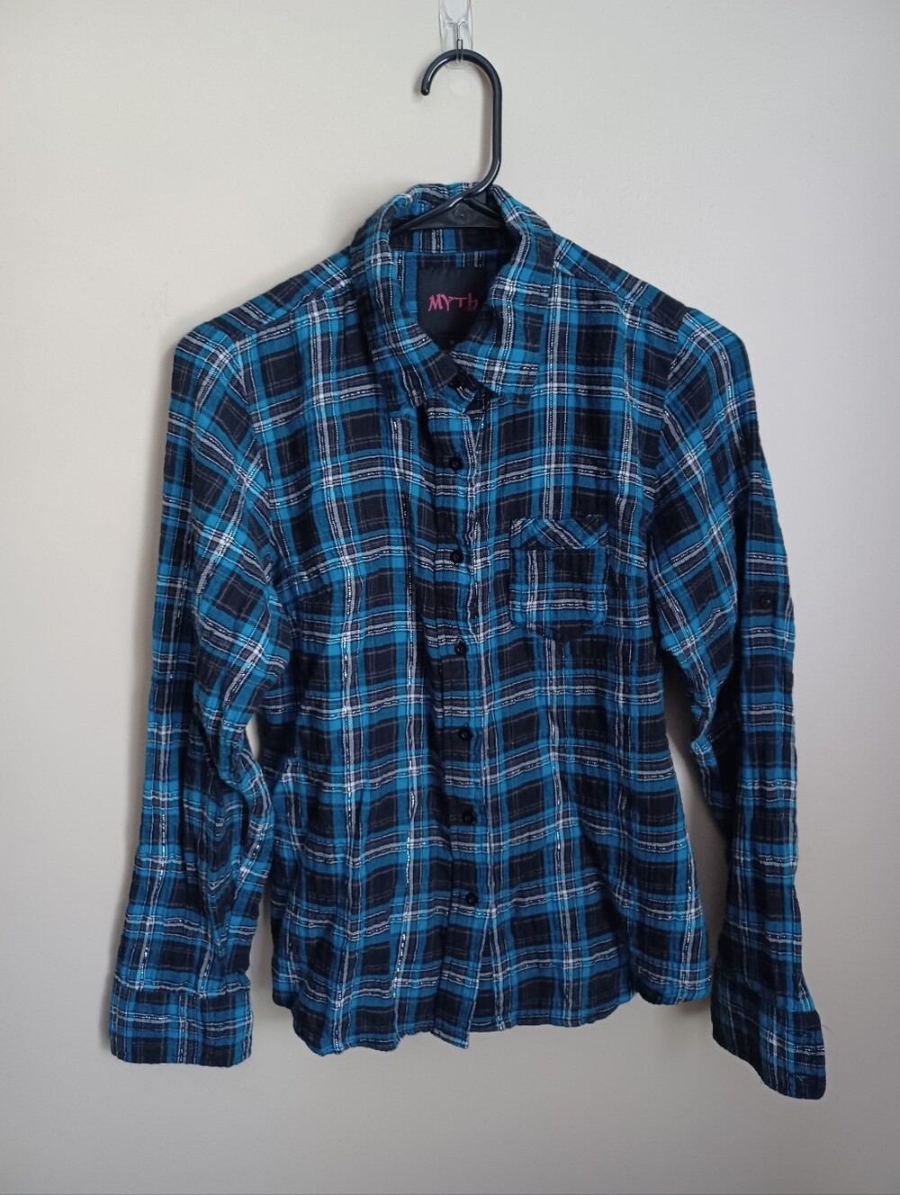Women's Size Medium Myth Blue Black Plaid Cotton Long Sleeve Button-down Shirt
